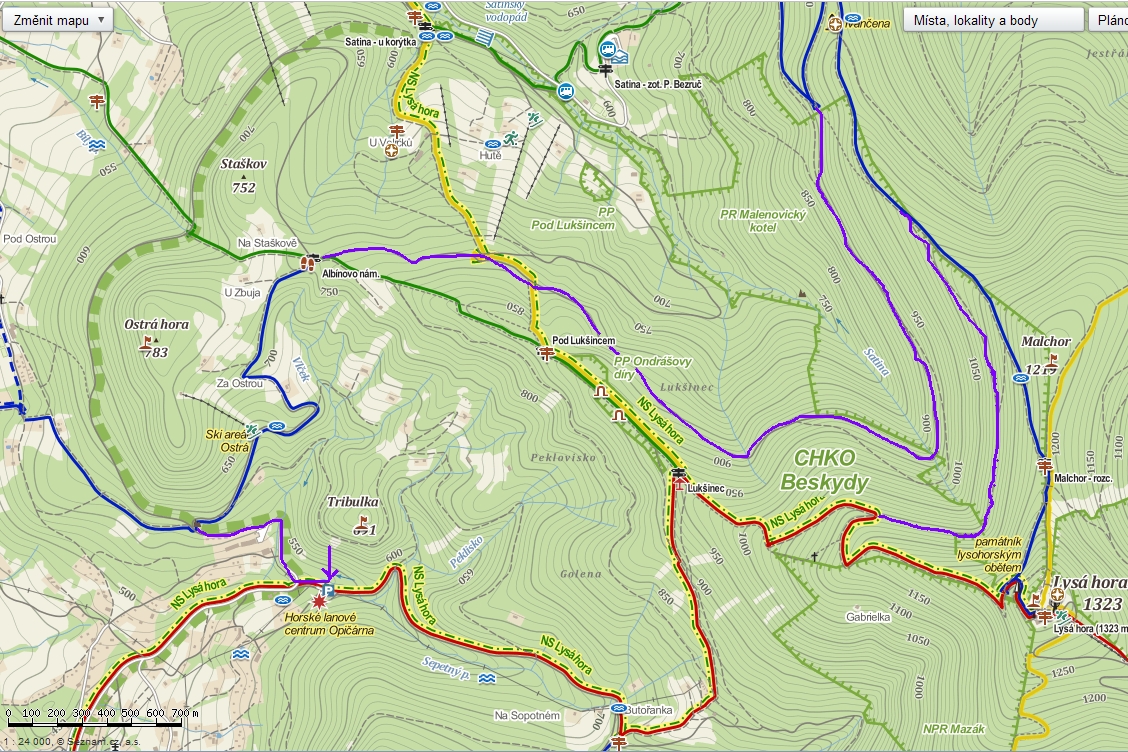 19 - mapa putování: od parkoviště u lanového centra po červené nahoru, přes Butořanku a Lukšinec pod Lysou horu. Odbočka na fialovou lesní cestu až  do spoje z modrou před Ivančenou. Vracečka spodní cestou. Přes Albínovo náměstí a po modré k transformátoru.